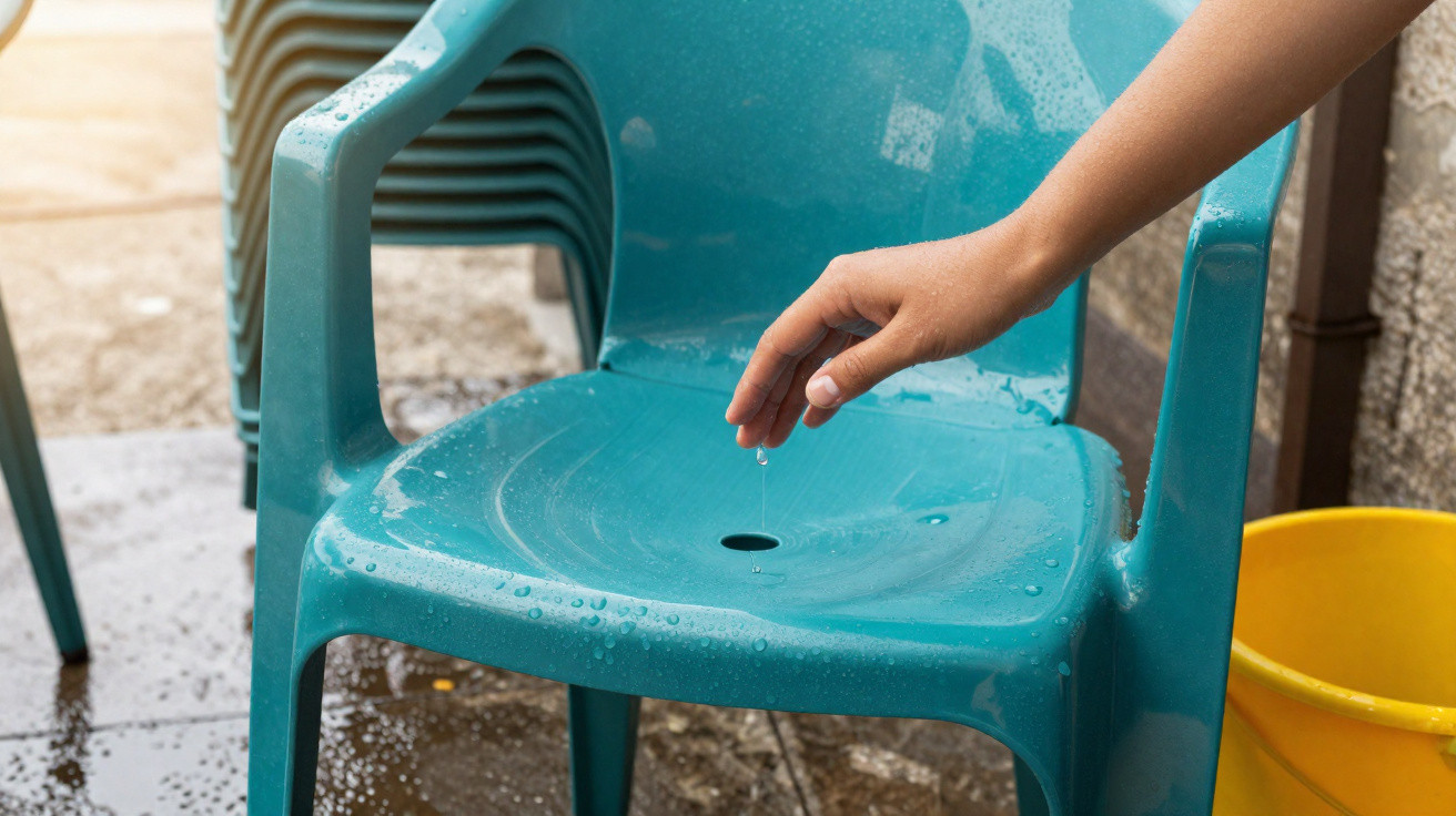 Hand tropft Wasser durch Loch in blauem Plastikstuhl im Freien, nasse Oberfläche sichtbar.