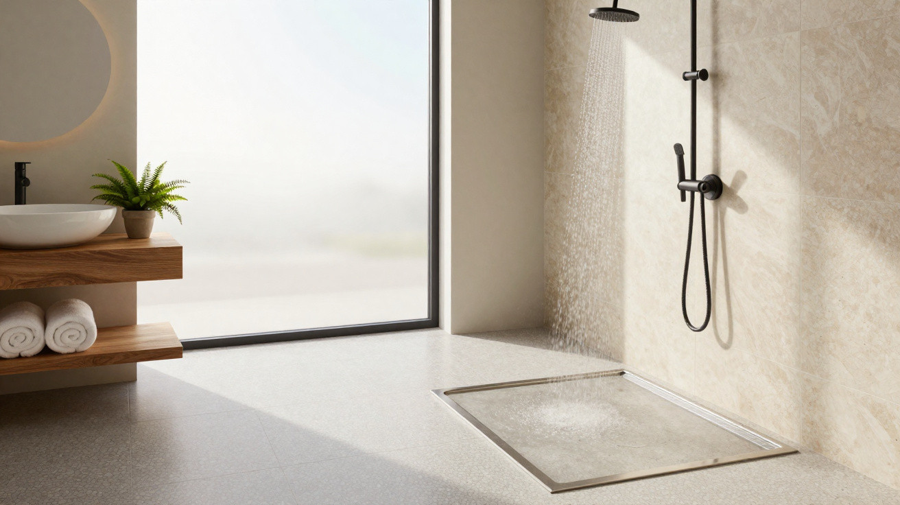 Modernes, helles Badezimmer mit begehbarer Dusche, großer Glaswand, Holzregal und Pflanzen im minimalistischen Design.