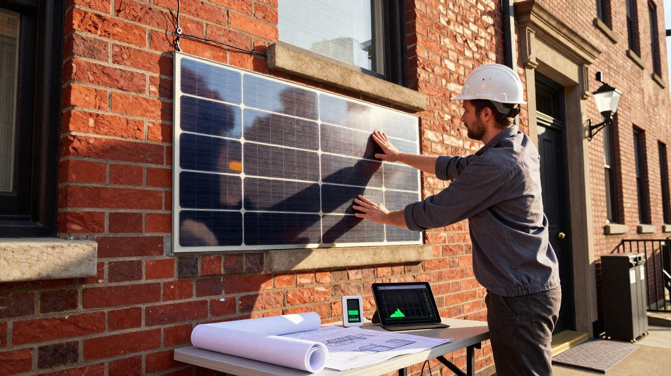 Mann mit Schutzhelm montiert Solarpanel an Backsteinmauer, Tisch mit Laptop und Bauplänen davor.