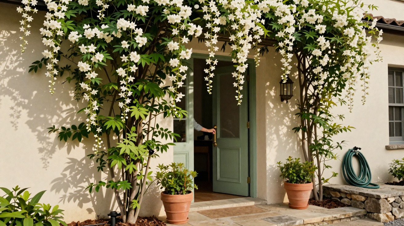 Vorgarteneingang mit blühendem Jasmin, offenen grünen Türen und zwei Tontöpfen mit Pflanzen.