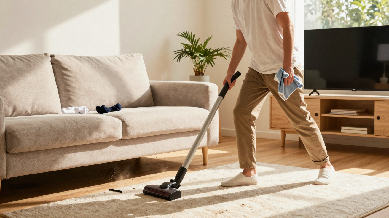 Person saugt Teppich im hellen Wohnzimmer mit beigem Sofa und Holzmöbeln.