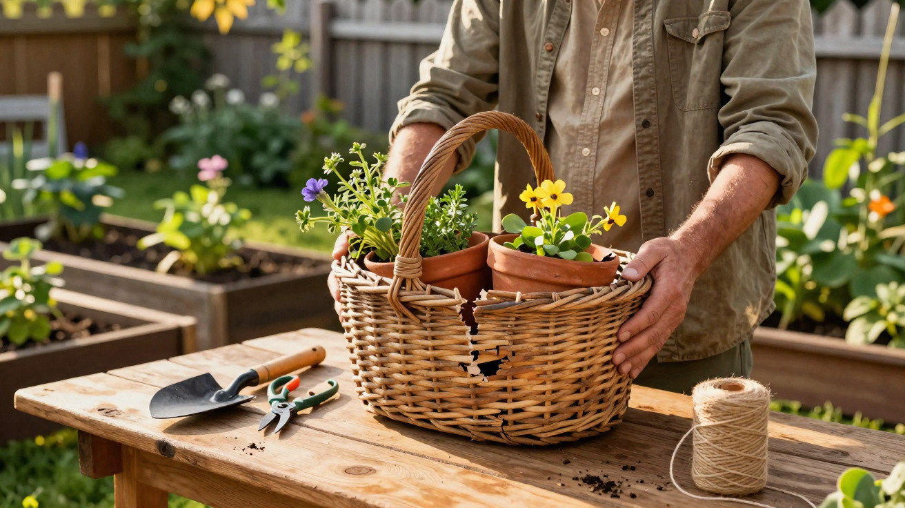 Person trägt Korb mit Töpfen voller bunter Blumen auf Holztisch im Garten mit Gartengeräten und Schnur