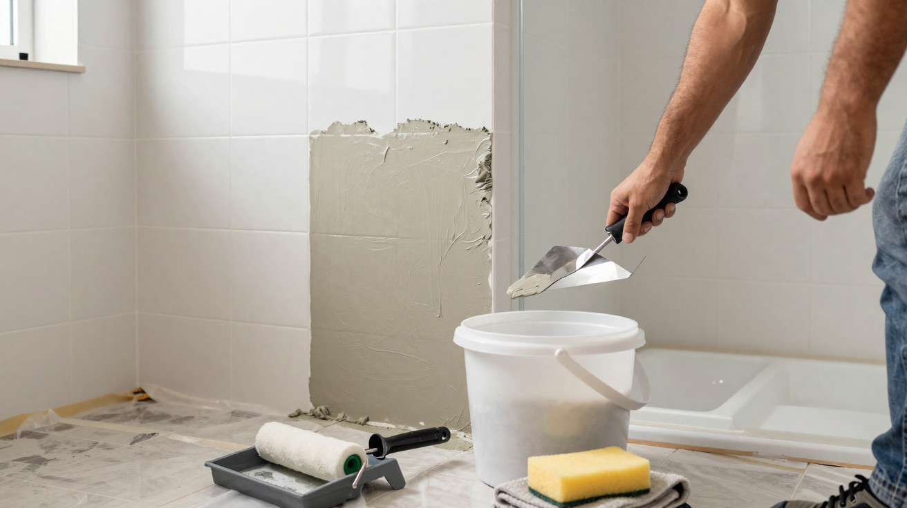 Person trägt Spachtelmasse mit Kelle auf geflieste Wand in Badezimmer bei Renovierung auf.