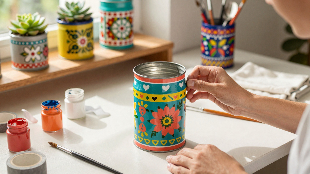 Hand bemalt Blechdose mit bunten Mustern auf einem Tisch mit Farben und Pinseln.