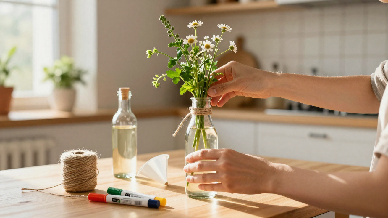 Person arrangiert Gänseblümchen in einer Glasflasche auf Küchentisch mit Bast und Markern im Hintergrund.