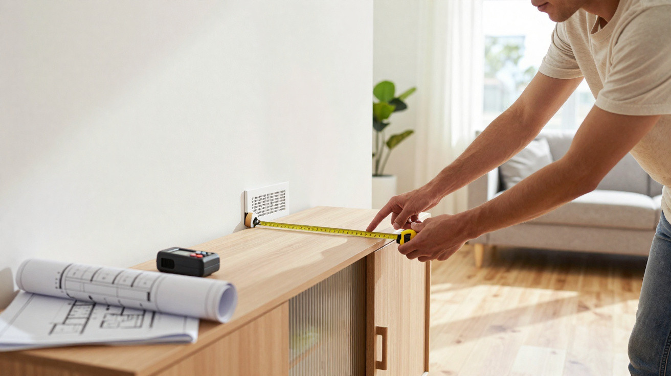 Person misst mit Maßband die Länge eines Holzsideboards in einem hellen, modernen Wohnzimmer.