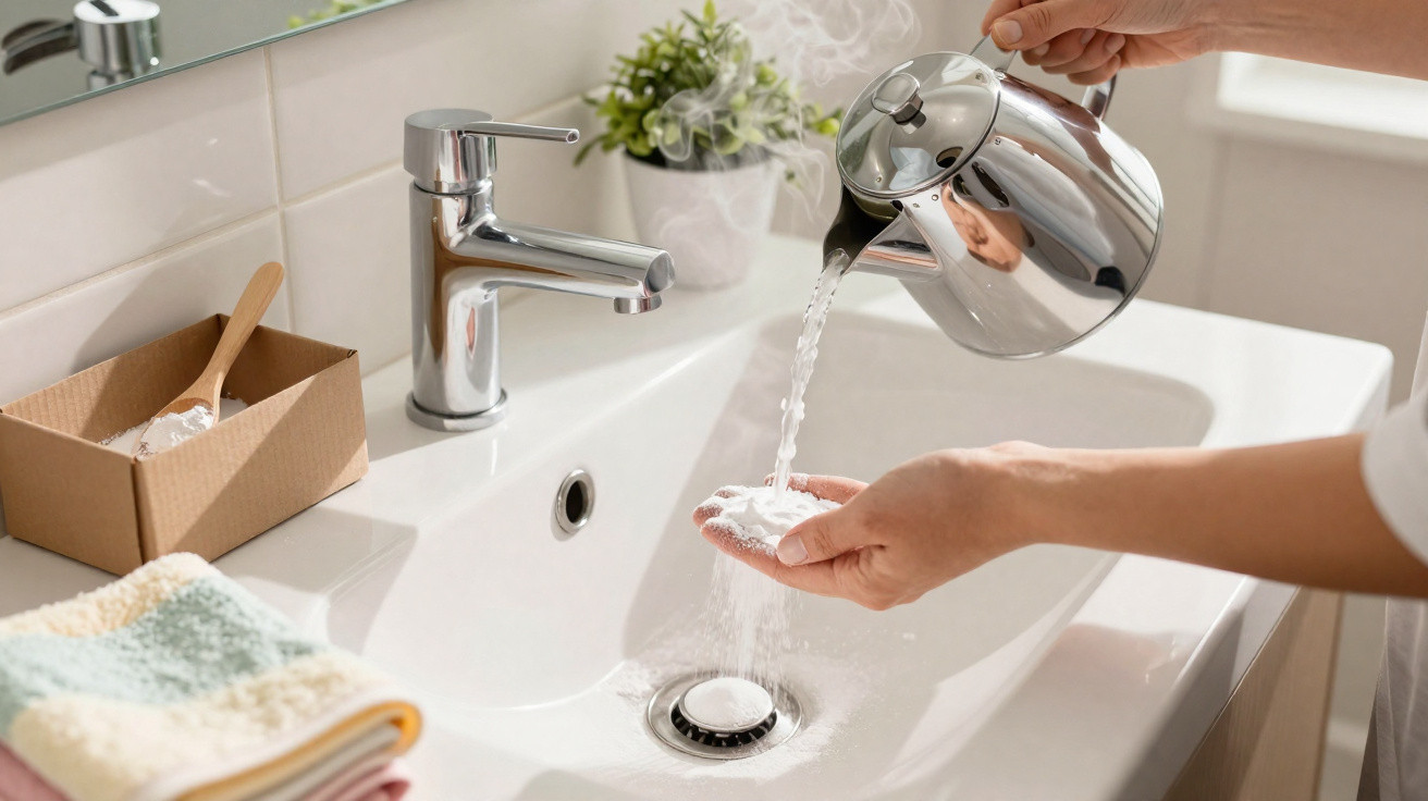 Dampfender Wasserstrahl aus Kessel wird über Hände im Waschbecken gegossen, Handtücher und Seifenbox sichtbar.