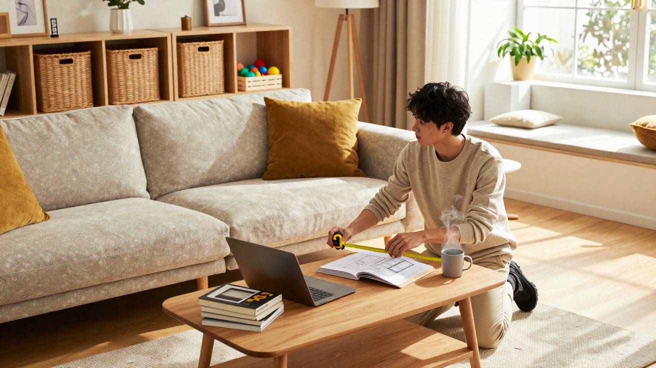 Junge Person kniet vor Couchtisch mit Laptop, Buch und Messband in hellem Wohnzimmer.