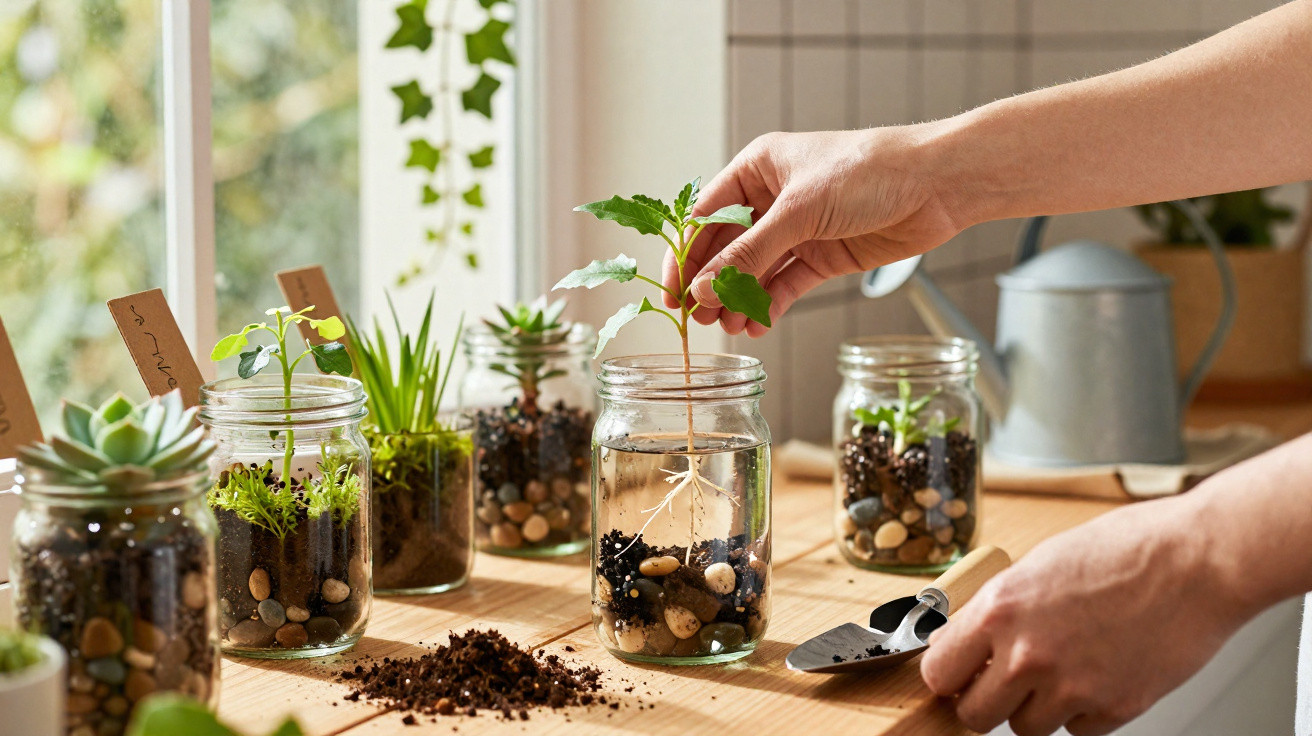 Pflanzen in Glasgefäßen auf Tisch, Hände pflegen Setzling, Gießkanne und kleine Gartenschaufel sichtbar.