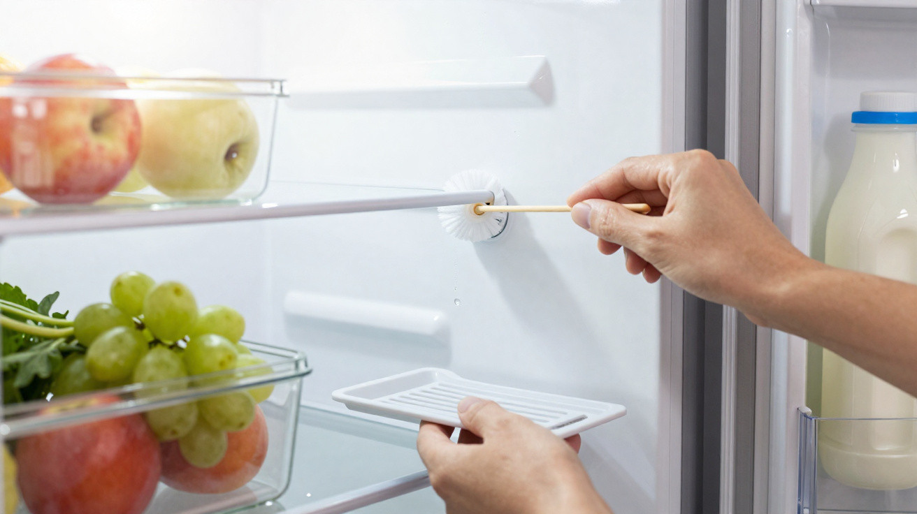 Hand reinigt Kühlschrank mit kleinen Bürste und Halterung, frisches Obst und Milch im Kühlschrank sichtbar