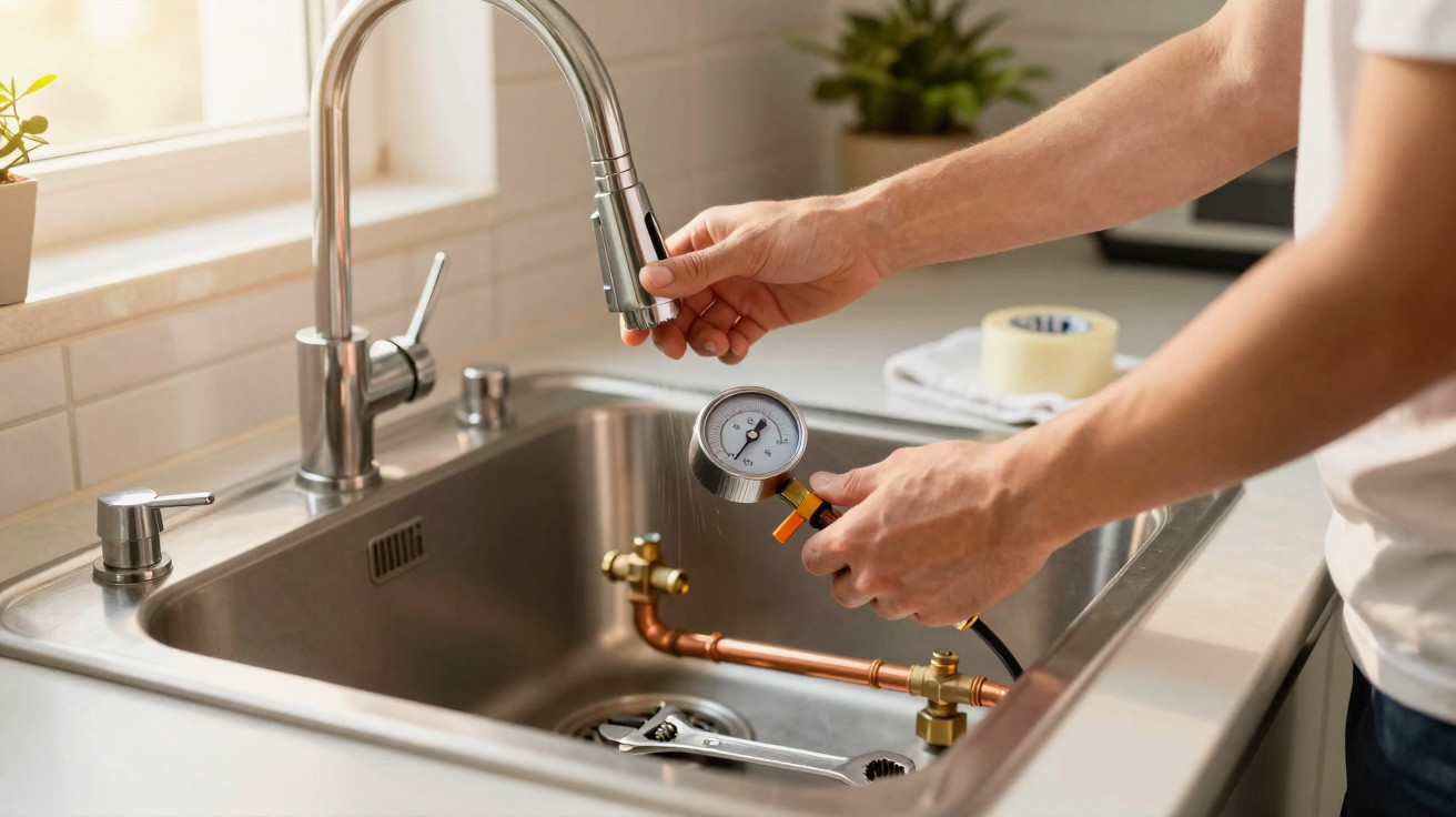 Person prüft Wasserdruck mit Manometer an der Küchenarmatur über einer Edelstahlspüle.