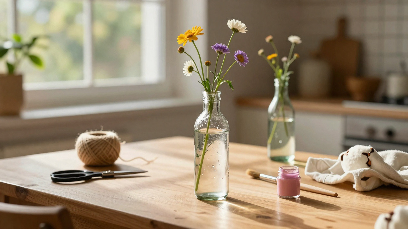 Holztisch mit Glasflaschen, die bunte Wildblumen enthalten, nahe Fenster in heller Küche.