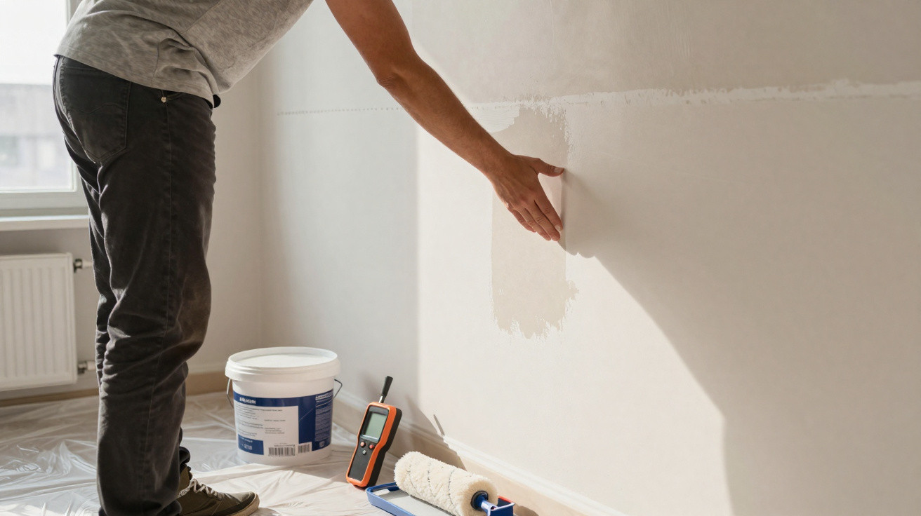 Person trägt Musterfarbe probeweise an weißer Wand auf, Malerrolle und Farbeimer auf Boden.