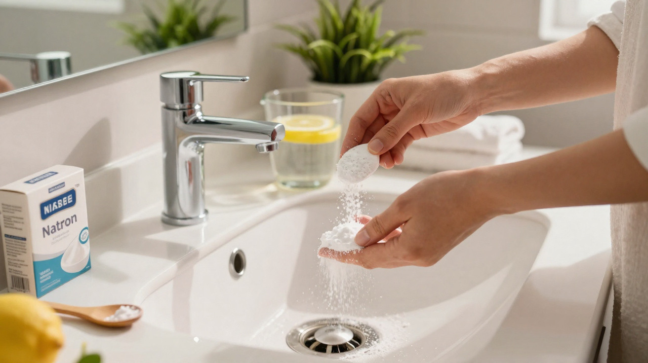 Hände geben Natronpulver über ein Waschbecken in einem hellen Badezimmer mit Pflanzen und Glas Wasser.
