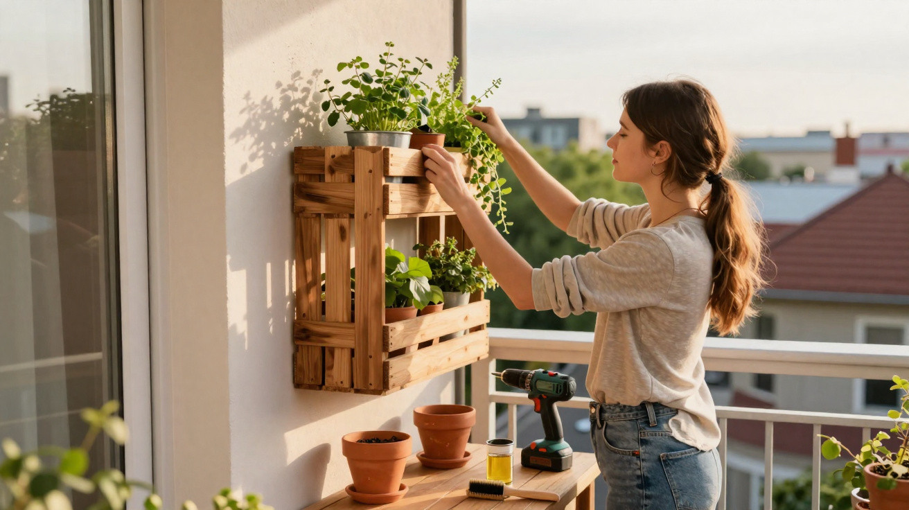 Frau pflegt Pflanzen in Blumentopf auf Balkon bei Sonnenuntergang mit Holzregal und Gartengeräten.