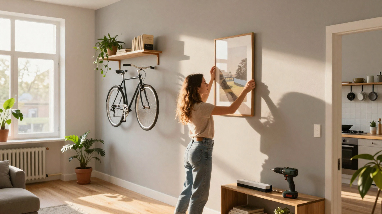 Frau hängt Bildrahmen an hellgraue Wand in modernem, sonnendurchflutetem Wohnzimmer mit Pflanzen und Fahrrad.