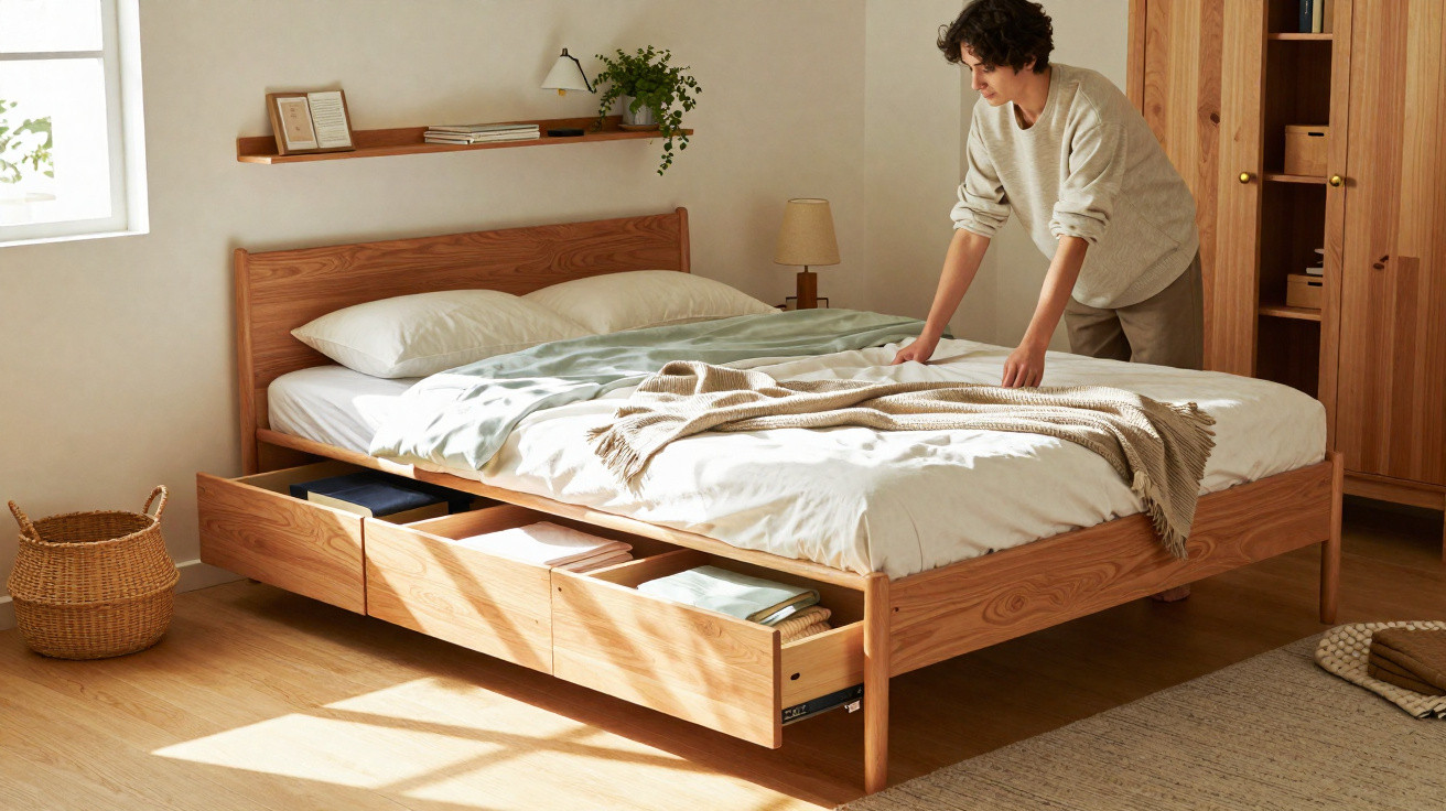 Frau macht Bett in hellem Schlafzimmer mit Holzbettrahmen und offenen Schubladen darunter.