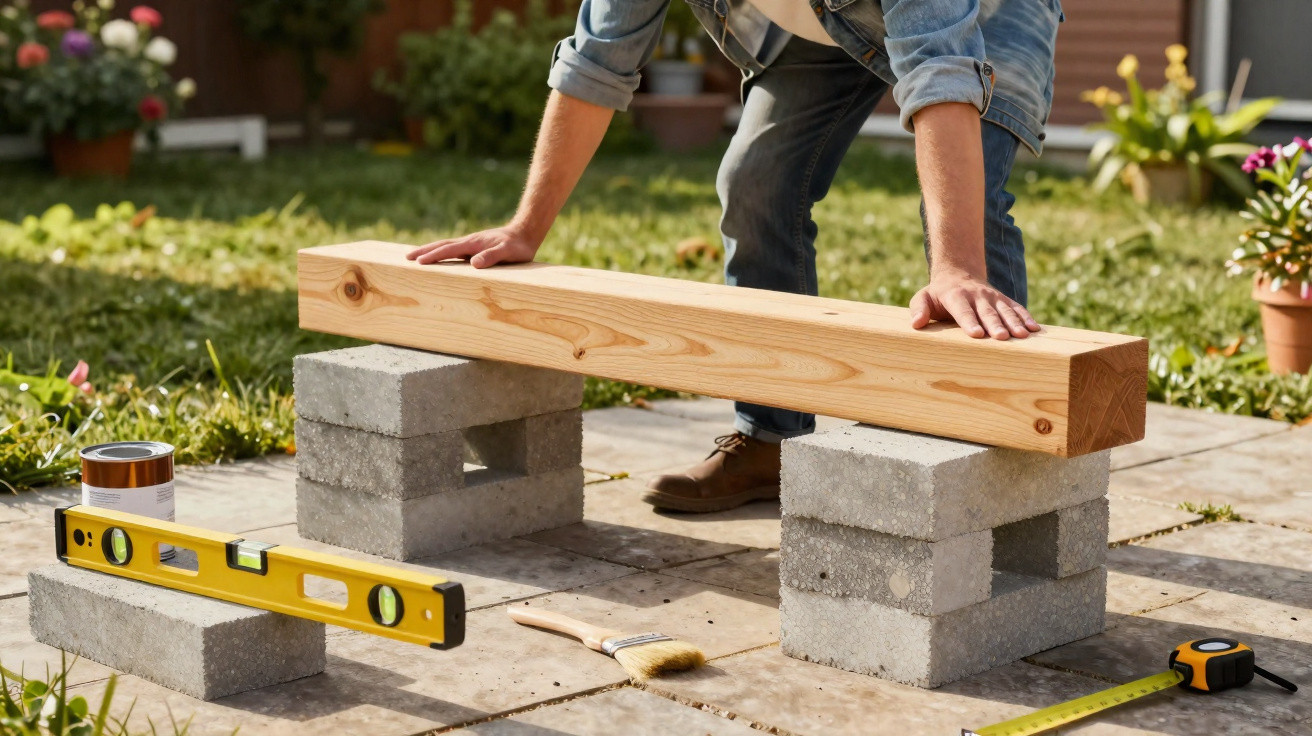 Person richtet Balken auf zwei Betonklötze im Garten aus, um ein Bauprojekt zu starten.