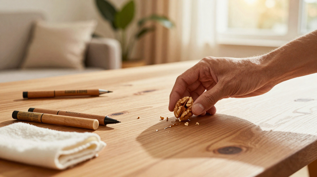 Hand zerbricht eine Walnusshälfte auf einem Holztisch mit Stiften und einem weißen Tuch im Hintergrund.