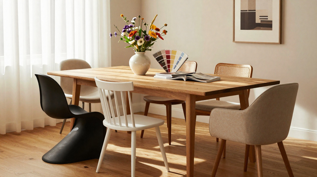 Moderner Essbereich mit Holztisch, verschiedenen Stühlen, Blumenstrauß und Farbfächer auf dem Tisch.