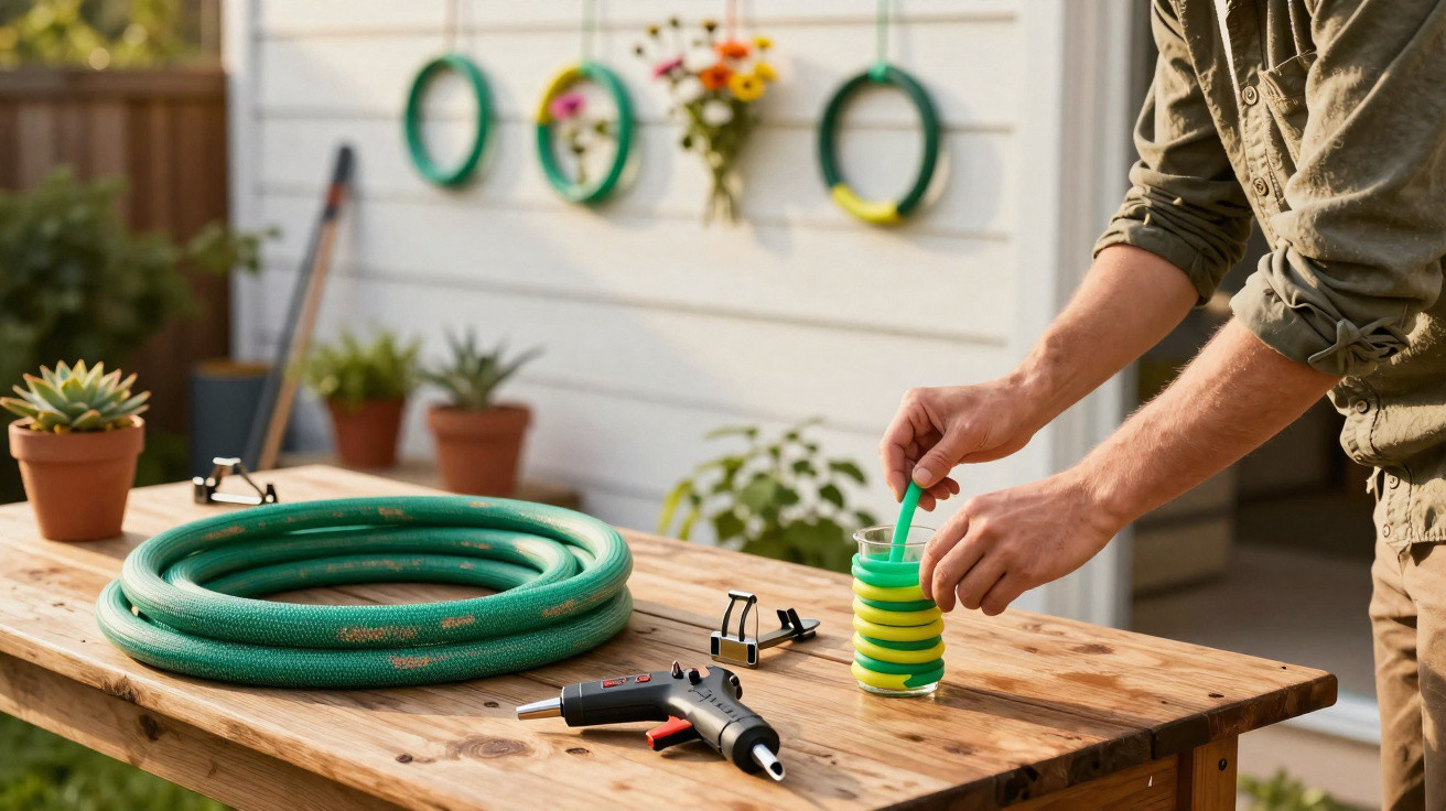 Person bastelt mit grün-gelbem Gartenschlauch, Heißklebepistole und Pflanzen auf einem Holztisch im Garten.