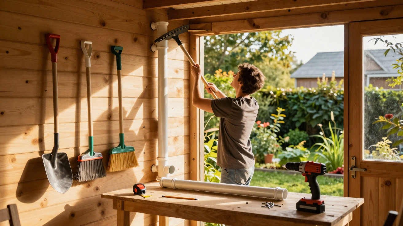 Junger Mann reinigt mit Wasserabzieher Fensterecke einer Holzhütte mit Gartenblick und Gartengeräten.