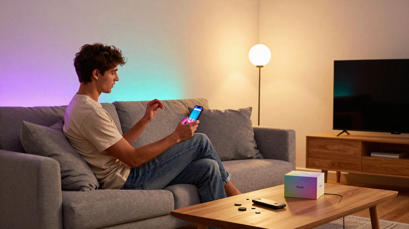 Junger Mann sitzt auf grauem Sofa und steuert per Smartphone smarte Beleuchtung im Wohnzimmer.