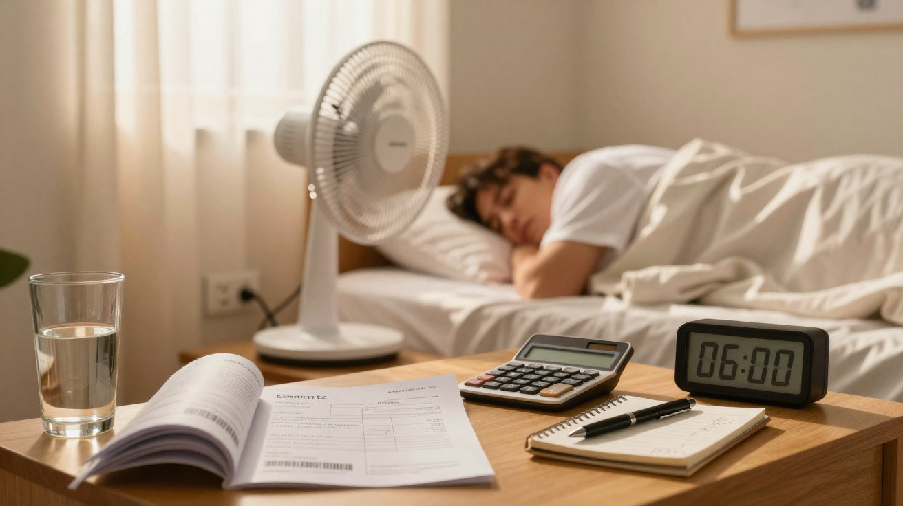 Schlafender Mann im Bett, vor ihm Tisch mit Wecker, Ventilator, Taschenrechner, Notizblock und Glas Wasser.