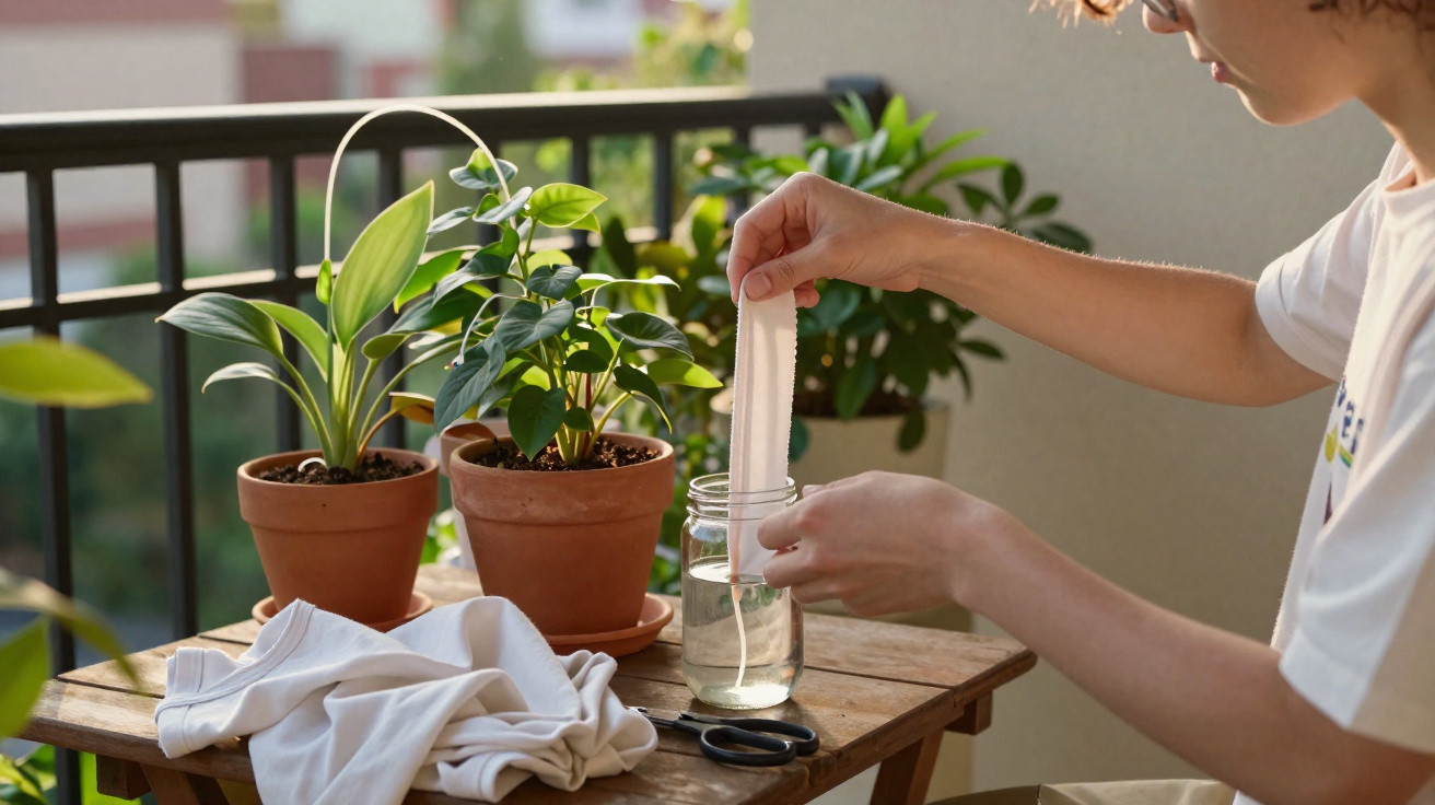 Person taucht Stoffmaske in Glas mit Wasser auf Balkon mit Zimmerpflanzen und Holztisch.