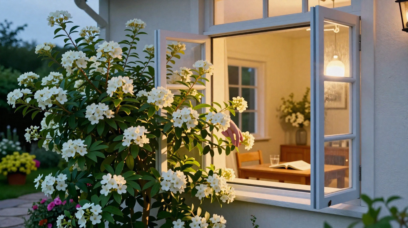 Offenes Fenster mit blühendem weißem Jasminbusch im Garten vor warm beleuchtetem Esszimmer am Abend.