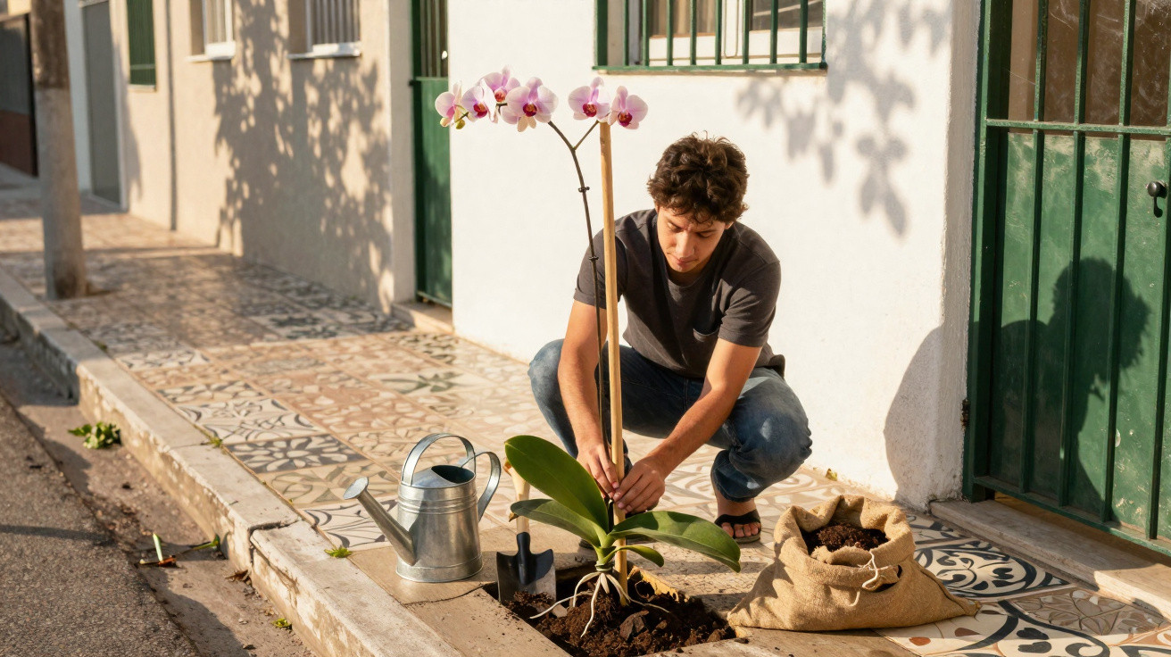 Junger Mann pflanzt Orchidee neben Straße, mit Gießkanne und Sack Erde im Sonnenlicht.