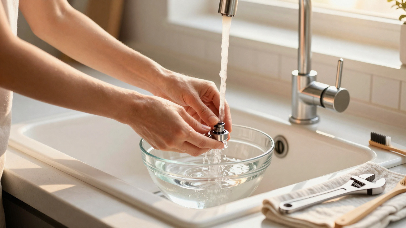 Hände reinigen ein Wasserhahnteil unter laufendem Wasser in der Küchenspüle mit Werkzeug daneben.