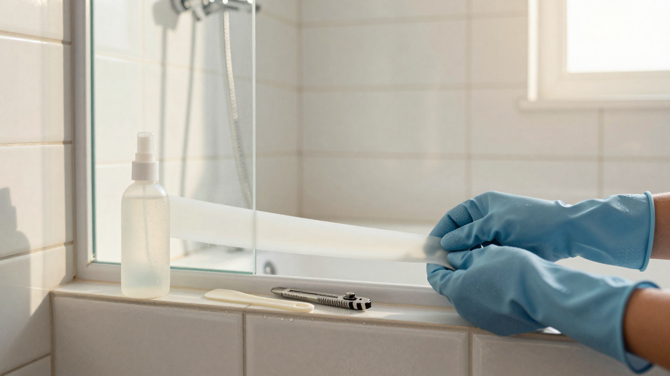 Person mit blauen Handschuhen klebt eine Dichtungsfolie an die Glasabtrennung in einem Badezimmer.