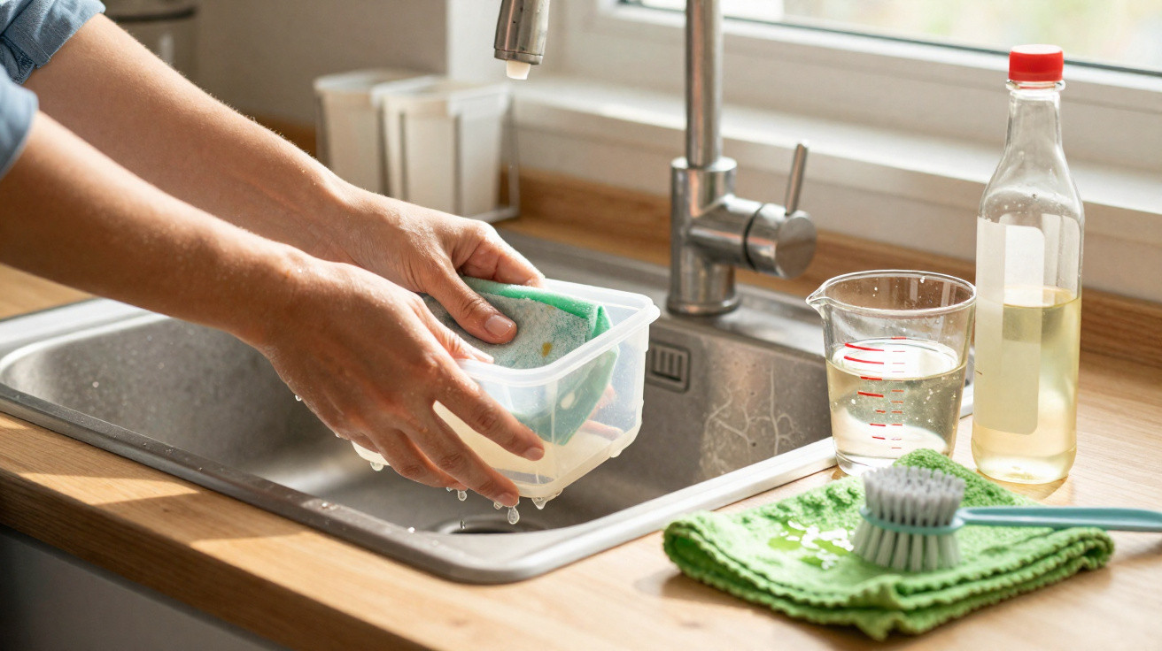 Person wäscht Plastikbehälter mit Schwamm an Küchenspüle neben Messbecher und Flasche mit Flüssigkeit.