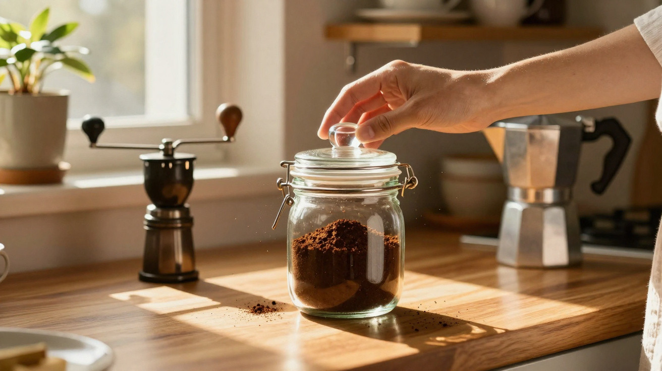 Hand öffnet Glas mit Kaffeepulver auf sonnigem Küchenarbeitsplatz mit Kaffeemühle und Mokka-Kocher.