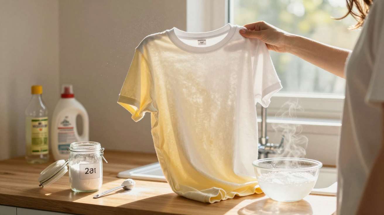 Person hält weißes T-Shirt über Küchentheke mit Waschpulver, Essigflasche und dampfender Schüssel.