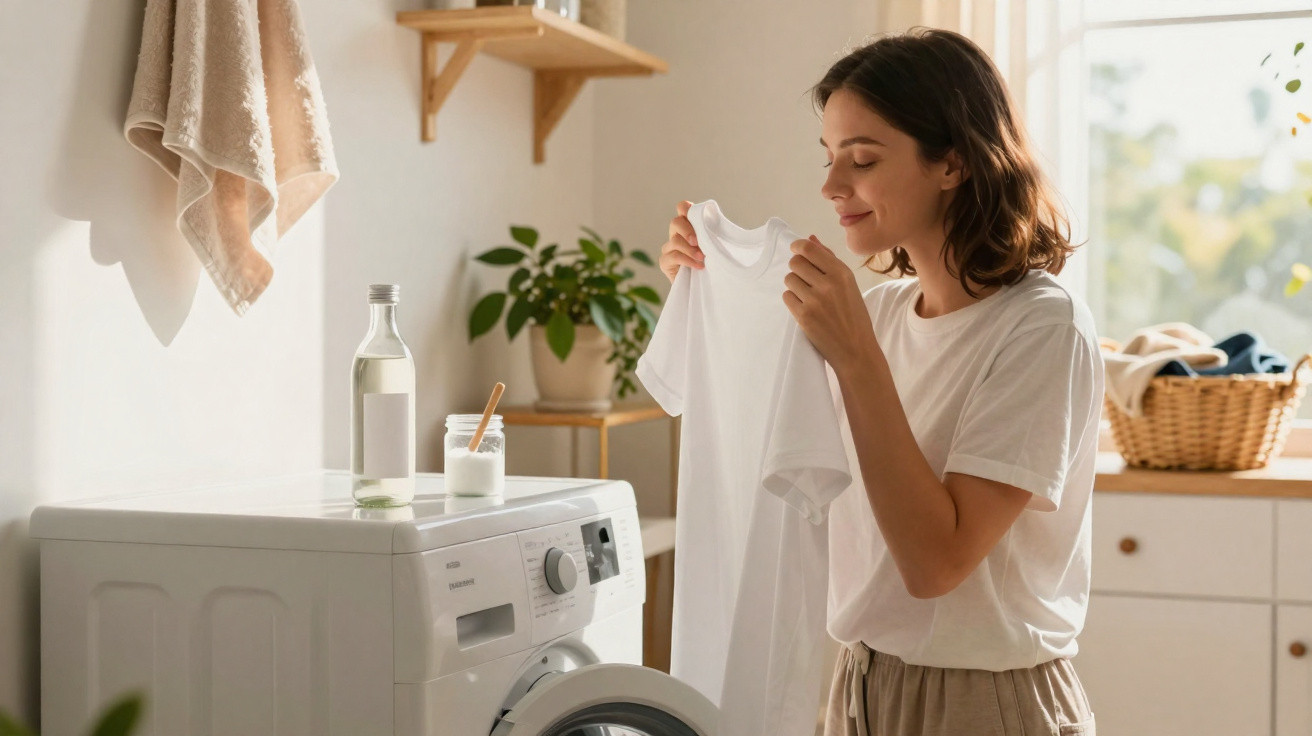 Frau hält sauberes weißes T-Shirt vor Waschmaschine in hellem, gemütlichem Waschraum.
