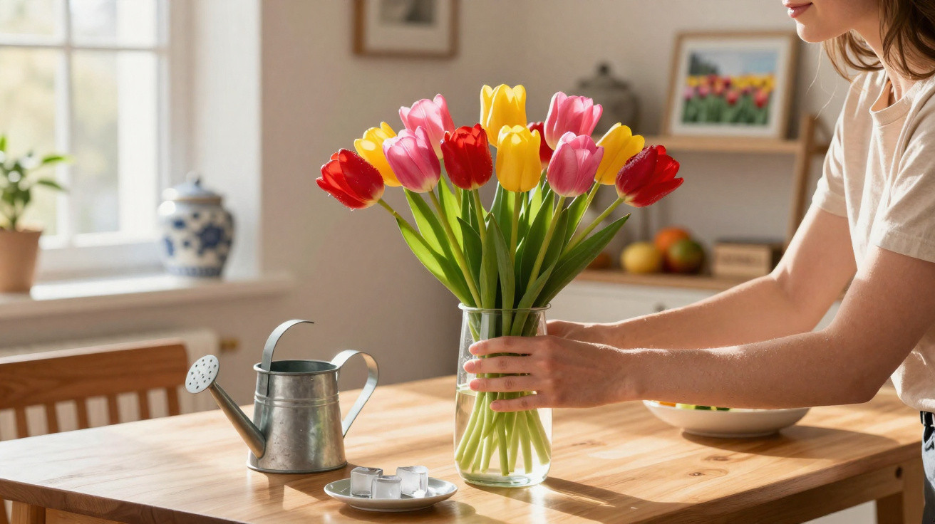 Frau stellt bunten Tulpenstrauß in Glasvase auf holzfarbenen Küchentisch neben Gießkanne und Zuckerteller.