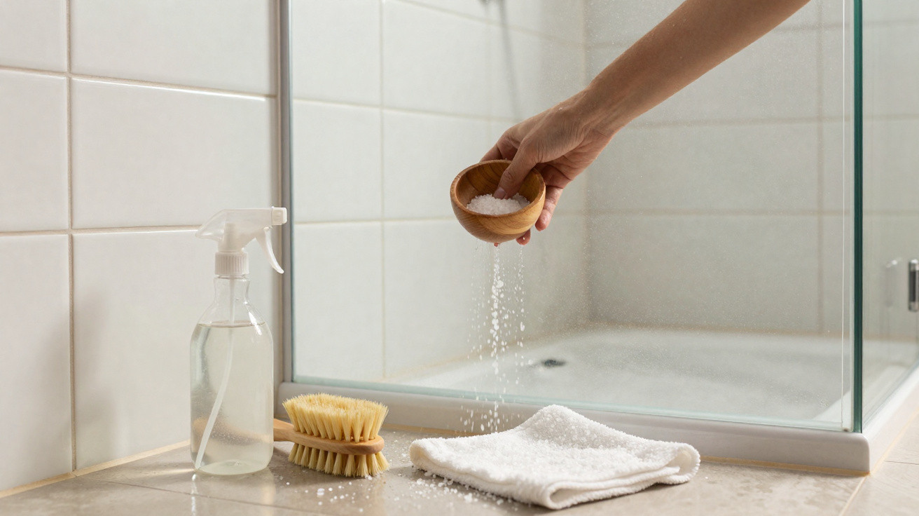 Hand streut Badesalz in Dusche, nebenbürste, Sprühflasche und weißes Handtuch auf Bodenfliesen