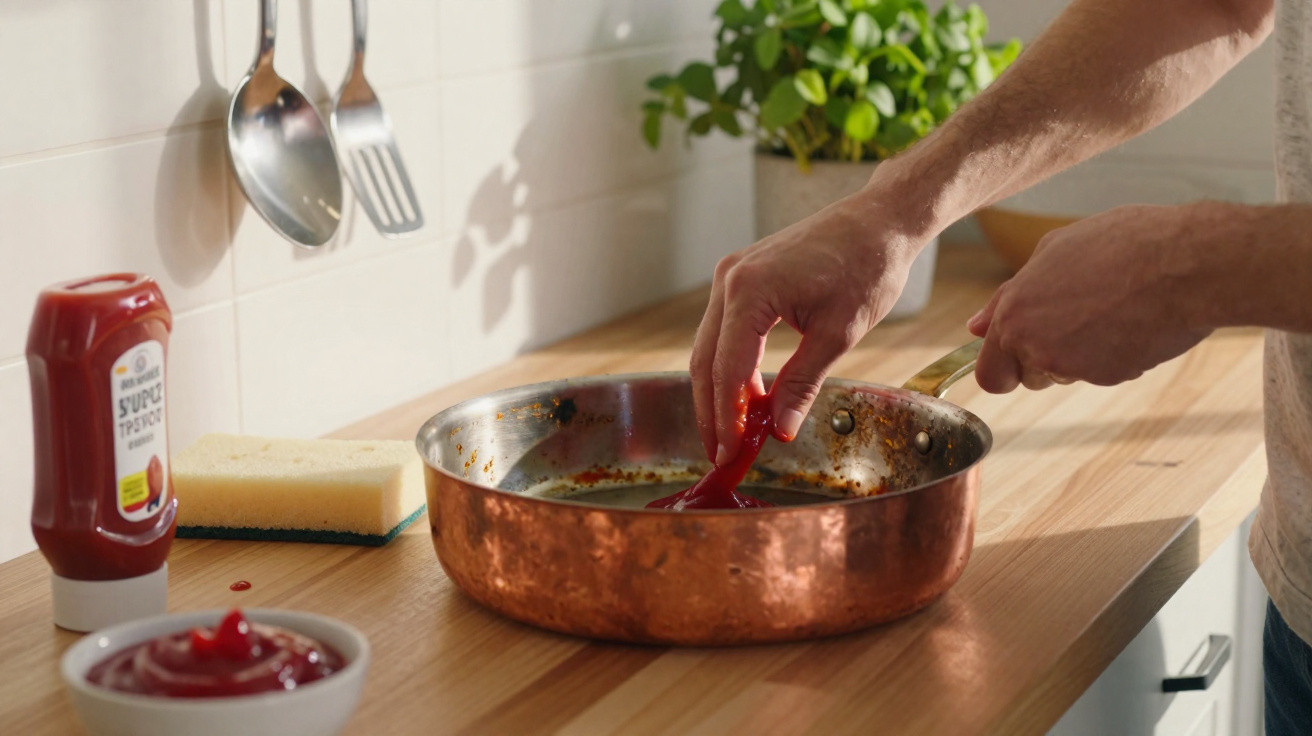 Person rührt mit Händen Ketchup aus Schale in Kupferpfanne auf Küchenarbeitsplatte um.
