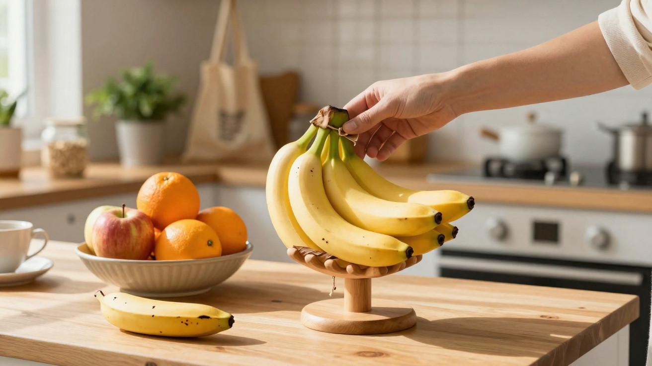Hand legt Bananenbüschel auf Holz-Bananenhalter in heller Küche mit Obstschale auf Holztisch.