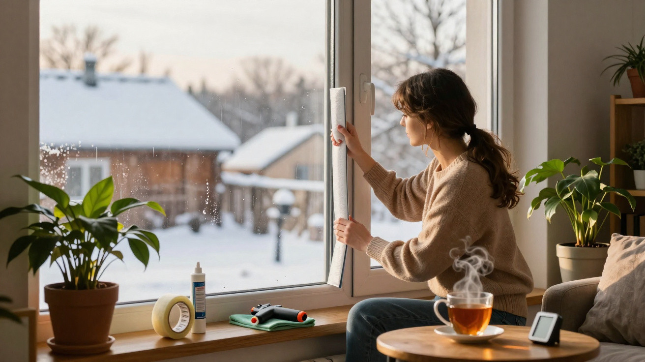 Frau bringt Fensterisolierung an, draußen schneebedeckte Häuser, drinnen Pflanzen und dampfender Tee auf Tisch.