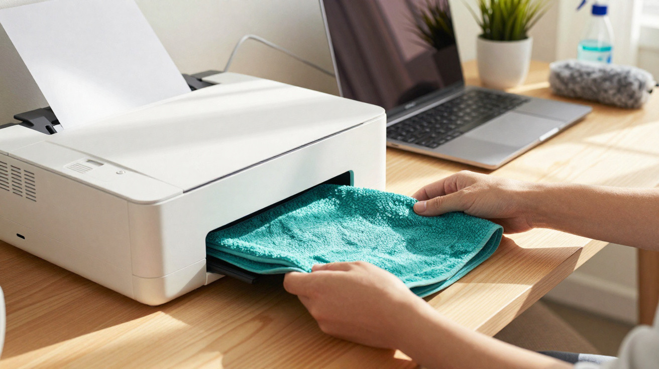 Person zieht ein türkisfarbenes Tuch aus einem weißen Drucker auf einem Schreibtisch mit Laptop.