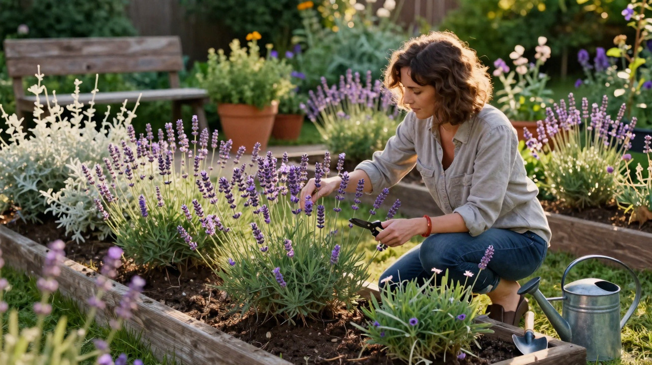 Frau kniet im Garten und schneidet Lavendel in einem Hochbeet bei sonnigem Wetter.