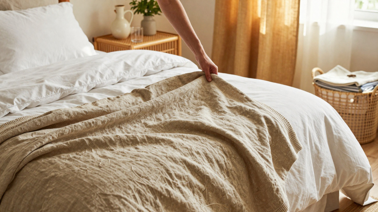Hand legt beige Decke auf weißes Bett in gemütlichem, sonnendurchflutetem Schlafzimmer auf Holzboden.