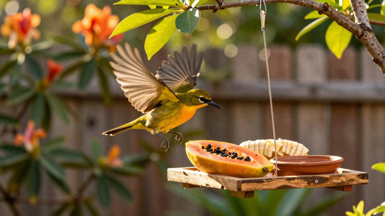 Gelb-grüner Vogel im Anflug auf eine hängende Futterstation mit Papaya und Bananenscheiben im Garten.