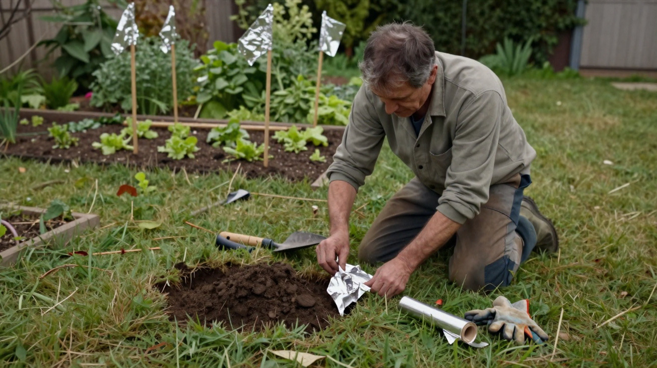 Mann kniet im Garten und steckt silberne Aluminiumfolienstücke als Vogelschutz in die Erde.