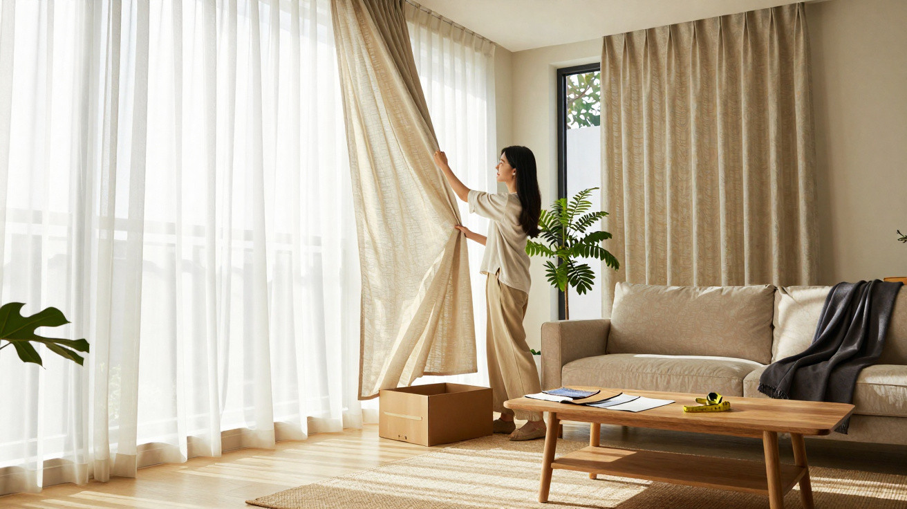 Frau öffnet helle, beige Vorhänge in modernem Wohnzimmer mit Sofa, Holztisch und Pflanzen am Fenster.