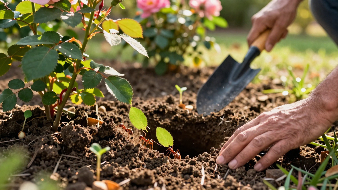 Menschliche Hände graben mit kleiner Gartenschaufel neben Rosenstrauch im Beet, Ameisen auf Erde sichtbar.