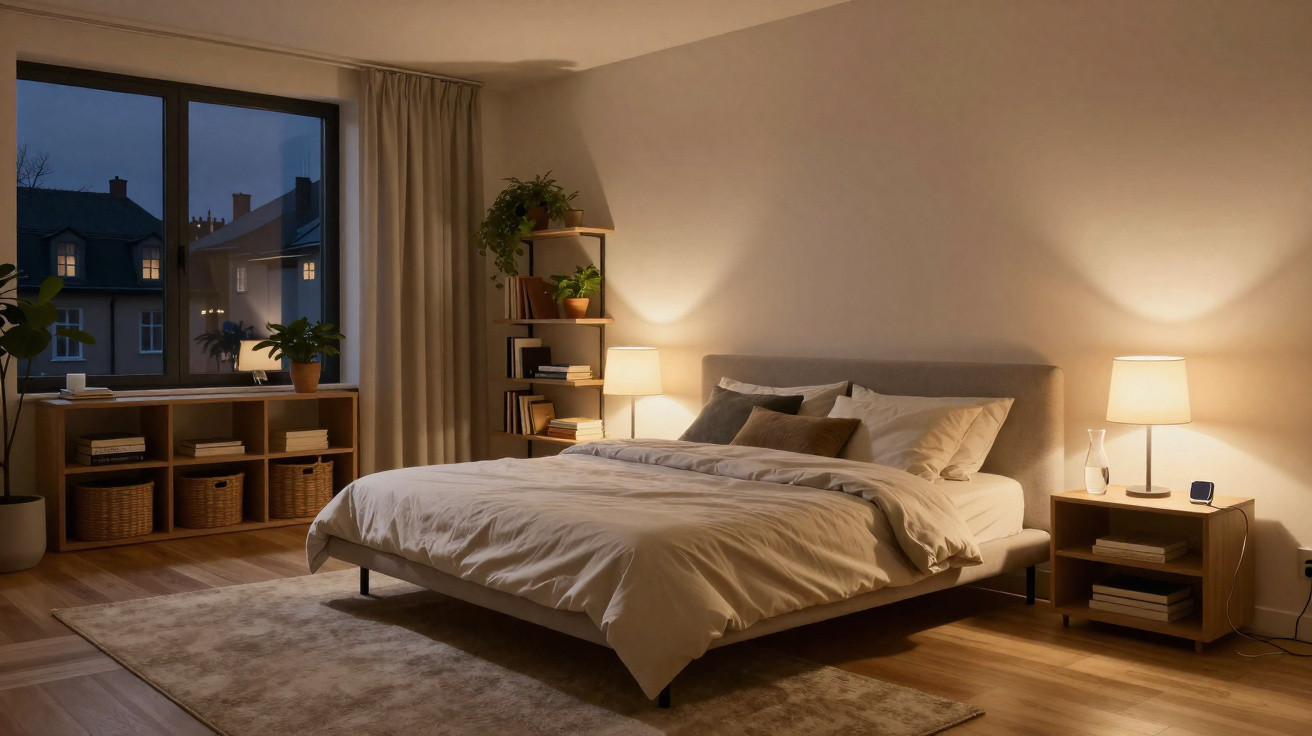 Gemütliches Schlafzimmer mit großem Bett, Holzmöbeln, Pflanzen und warmem Lampenlicht am Abend.